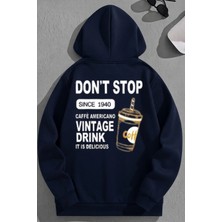 Kozz Style Unisex 3 Iplik Pamuklu Lacivert Vintagedrink Baskı Bol Kalıp Sweatshirt Hoodie