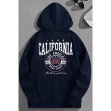 Kozz Style Unisex 3 Iplik Pamuklu Lacivert CALIF89 Bol Kalıp Sweatshirt Hoodie