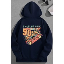 Kozz Style Unisex 3 Iplik Pamuklu Lacivert TAKEME90S Baskı Bol Kalıp Sweatshirt Hoodie