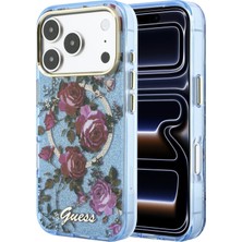 iPhone 18 Pro Uyumlu Kılıf Guess Lisanslı M-Safeli Gül Desenli Simli Yazı Logolu Kapak Açık Mavi