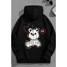 Kozz Style Unisex 3 Iplik Pamuklu Siyah Sweatbear Baskı Bol Kalıp Sweatshirt Hoodie