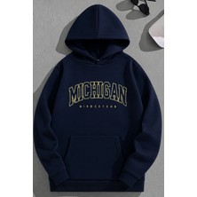 Kozz Style Unisex 3 Iplik Pamuklu Lacivert Yellowmichigan Baskı Bol Kalıp Sweatshirt Hoodie