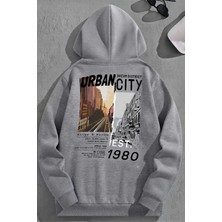 Kozz Style Unisex 3 Iplik Pamuklu Gri URBANCITY1980 Baskı Bol Kalıp Sweatshirt Hoodie