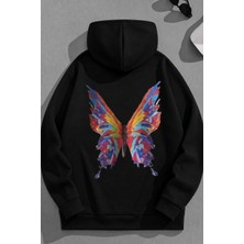 Kozz Style Unisex 3 Iplik Pamuklu Siyah Renklikelebek Baskı Bol Kalıp Sweatshirt Hoodie