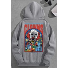 Kozz Style Unisex 3 Iplik Pamuklu Gri Clowns Baskı Bol Kalıp Sweatshirt Hoodie