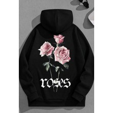 Kozz Style Unisex 3 Iplik Pamuklu Siyah Roses Baskı Bol Kalıp Sweatshirt Hoodie