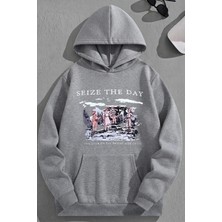 Kozz Style Unisex 3 Iplik Pamuklu Gri Seizetheday Baskı Bol Kalıp Sweatshirt Hoodie
