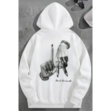 Kozz Style Unisex 3 Iplik Pamuklu Beyaz Rocktheworld Baskı Bol Kalıp Sweatshirt Hoodie