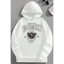 Kozz Style Unisex 3 Iplik Pamuklu Beyaz Sanfrancisco Baskı Bol Kalıp Sweatshirt Hoodie