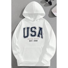 Kozz Style Unisex 3 Iplik Pamuklu Beyaz USA1998 Baskı Bol Kalıp Sweatshirt Hoodie