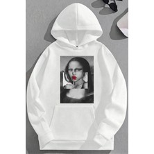 Kozz Style Unisex 3 Iplik Pamuklu Beyaz M0NALISA Baskı Bol Kalıp Sweatshirt Hoodie