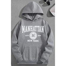 Kozz Style Unisex 3 Iplik Pamuklu Gri Manhattan Baskı Bol Kalıp Sweatshirt Hoodie