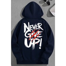 Kozz Style Unisex 3 Iplik Pamuklu Lacivert Nevergiveup Baskı Bol Kalıp Sweatshirt Hoodie