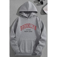 Kozz Style Unisex 3 Iplik Pamuklu Gri BROOKLYN1898NY Baskı Bol Kalıp Sweatshirt Hoodie