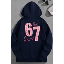 Kozz Style Unisex 3 Iplik Pamuklu Lacivert 67SIXSEVEN Baskı Bol Kalıp Sweatshirt Hoodie
