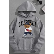 Kozz Style Unisex 3 Iplik Pamuklu Gri Çantalıbear Baskı Bol Kalıp Sweatshirt Hoodie
