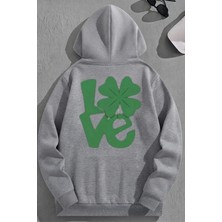 Kozz Style Unisex 3 Iplik Pamuklu Gri Yonca Baskı Bol Kalıp Sweatshirt Hoodie