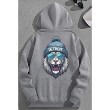 Kozz Style Unisex 3 Iplik Pamuklu Gri Detroit Baskı Bol Kalıp Sweatshirt Hoodie