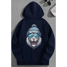 Kozz Style Unisex 3 Iplik Pamuklu Lacivert Detroit Baskı Bol Kalıp Sweatshirt Hoodie