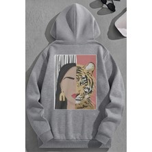 Kozz Style Unisex 3 Iplik Pamuklu Gri Içimdekikaplan Baskı Bol Kalıp Sweatshirt Hoodie