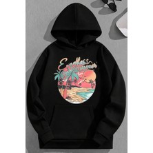 Kozz Style Unisex 3 Iplik Pamuklu Siyah Endlesssummer Baskı Bol Kalıp Sweatshirt Hoodie