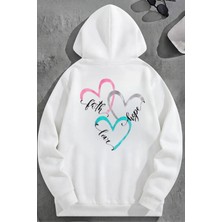 Kozz Style Unisex 3 Iplik Pamuklu Beyaz Faithhopelove Baskı Bol Kalıp Sweatshirt Hoodie