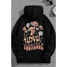 Kozz Style Unisex 3 Iplik Pamuklu Siyah Loveyourself Baskı Bol Kalıp Sweatshirt Hoodie