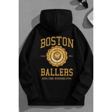 Kozz Style Unisex 3 Iplik Pamuklu Siyah Bostonballers Baskı Bol Kalıp Sweatshirt Hoodie