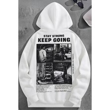 Kozz Style Unisex 3 Iplik Pamuklu Beyaz Keepgoing Baskı Bol Kalıp Sweatshirt Hoodie