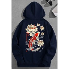 Kozz Style Unisex 3 Iplik Pamuklu Lacivert Koreafish Baskı Bol Kalıp Sweatshirt Hoodie