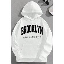 Kozz Style Unisex 3 Iplik Pamuklu Beyaz Brooklynnyc Baskı Bol Kalıp Sweatshirt Hoodie