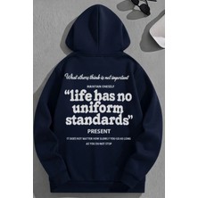 Kozz Style Unisex 3 Iplik Pamuklu Lacivert Lifehas Baskı Bol Kalıp Sweatshirt Hoodie