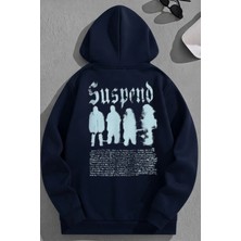 Kozz Style Unisex 3 Iplik Pamuklu Lacivert Suspend Baskı Bol Kalıp Sweatshirt Hoodie