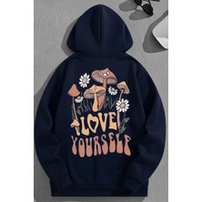 Kozz Style Unisex 3 Iplik Pamuklu Lacivert Loveyourself Baskı Bol Kalıp Sweatshirt Hoodie
