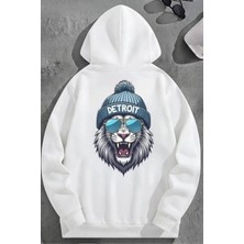 Kozz Style Unisex 3 Iplik Pamuklu Beyaz Detroit Baskı Bol Kalıp Sweatshirt Hoodie