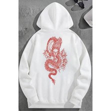 Kozz Style Unisex 3 Iplik Pamuklu Beyaz Reddragon Baskı Bol Kalıp Sweatshirt Hoodie