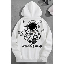 Kozz Style Unisex 3 Iplik Pamuklu Beyaz Astranoutsalutz Baskı Bol Kalıp Sweatshirt Hoodie