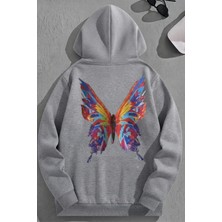 Kozz Style Unisex 3 Iplik Pamuklu Gri Renklikelebek Baskı Bol Kalıp Sweatshirt Hoodie