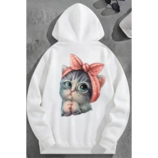 Kozz Style Unisex 3 Iplik Pamuklu Beyaz Minikkedi Baskı Bol Kalıp Sweatshirt Hoodie