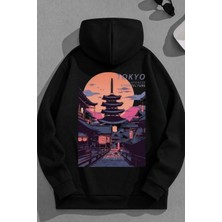 Kozz Style Unisex 3 Iplik Pamuklu Siyah Tokyoarchitecture Baskı Bol Kalıp Sweatshirt Hoodie