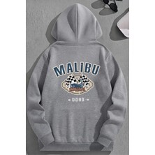Kozz Style Unisex 3 Iplik Pamuklu Gri Malibu Baskı Bol Kalıp Sweatshirt Hoodie