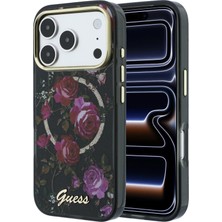 iPhone 18 Pro Uyumlu Kılıf Guess Lisanslı M-Safeli Gül Desenli Simli Yazı Logolu Kapak Siyah