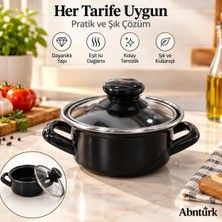Abnturk 14CM Çaplı Mini Siyah Emaye Tencere-Cam Kapaklı Şık ve Kullanışlı Tencere 14X7CM
