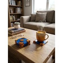 Af Epoxyart 10X10 Cm-Mavi Epoksi ve Doğal Ahşap Bardak Altlığı - Şık Tasarım El Yapımı Hediyelik 4'lü Set-Epoksi Reçine Bardak Altlığı