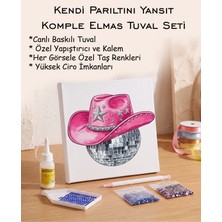 Rübiş Fotoğrafçılık  Taşlı Elmas Mozaik Tuval Seti - Pembe Kovboy Şapkalı Disko Topu
