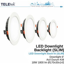 Teletek 18W LED Downlight 6 Acil Durum Kitli Backlight Slim Yuvarlak Beyaz Işık  Spot Sıva Altı Panel Armatür , IP44 Ince Kasa Spot Aydınlatma