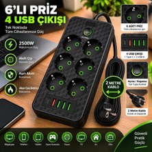 Abnturk 6'lı Akıllı 2500W Grup Priz-4 USB Çıkışı 2 Metre Kablolu Akım Korumalı Açma Kapama Anahtarlı Priz