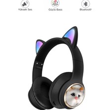 Başkenttekno HD11 Sevimli Kedi Karükatür Kulak LED Işıklı 5.3 Bluetooth Kulak Üstü Kulaklık