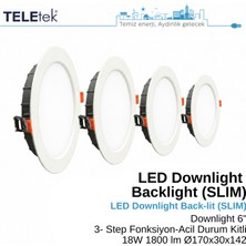Teletek 18W LED Downlight 6 3 Ayarlı Fonksiyon + Acil Durum Kitli  Backlight Slim Yuvarlak Beyaz Işık  Spot Sıva Altı Panel Armatür , IP44 Ince Kasa Spot Aydınlatma
