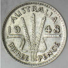 Banknoting Avustralya 3 Pence 1948 Gümüş. Kral 6. George 16 mm 1,41 Gr.